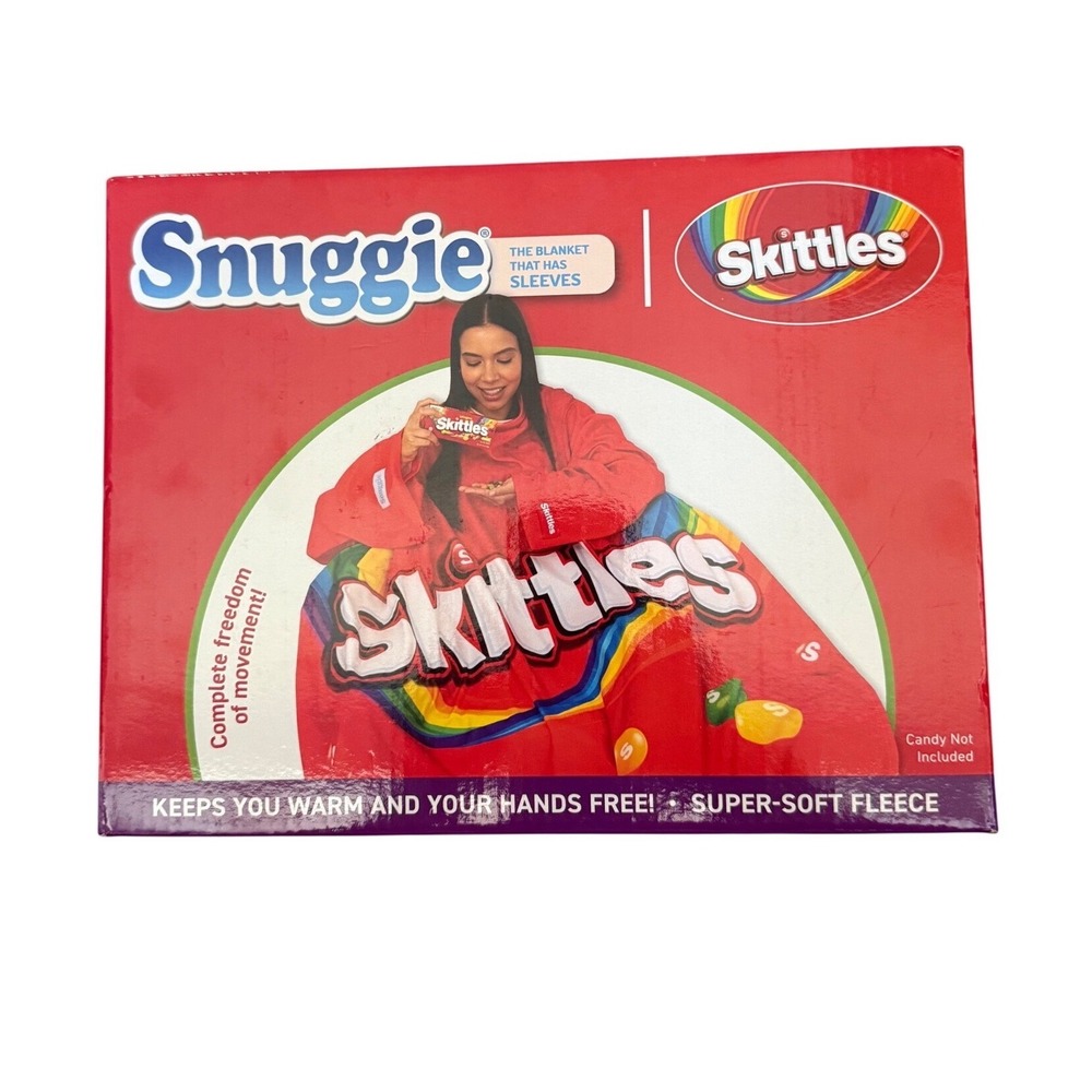 Snuggie Skittles Wearable Fleece Blanket with Sleeves Red Rainbow 71X54 inch NEW